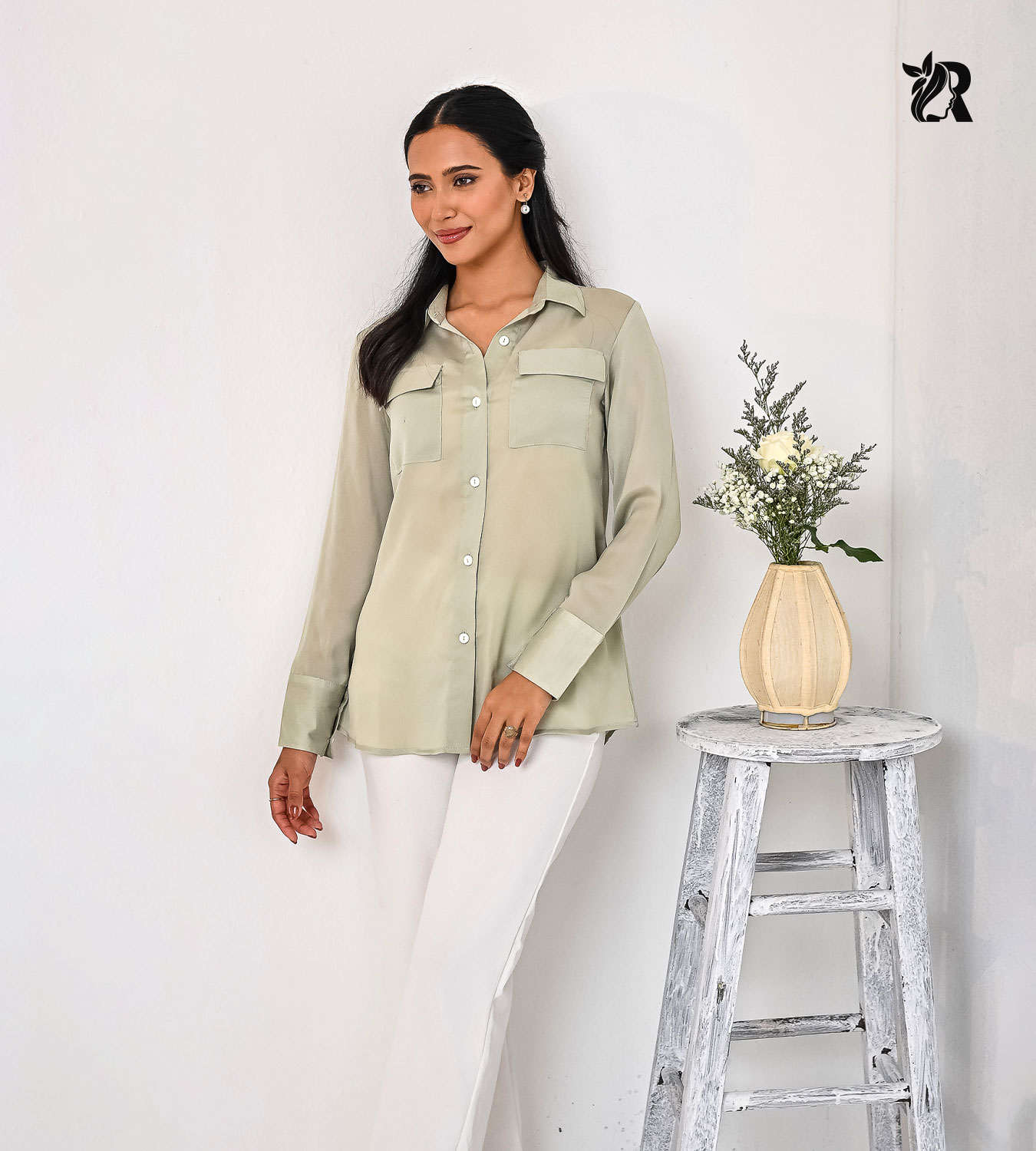 Solid Collared Button-Up Flap Pocket Blouse (2)
