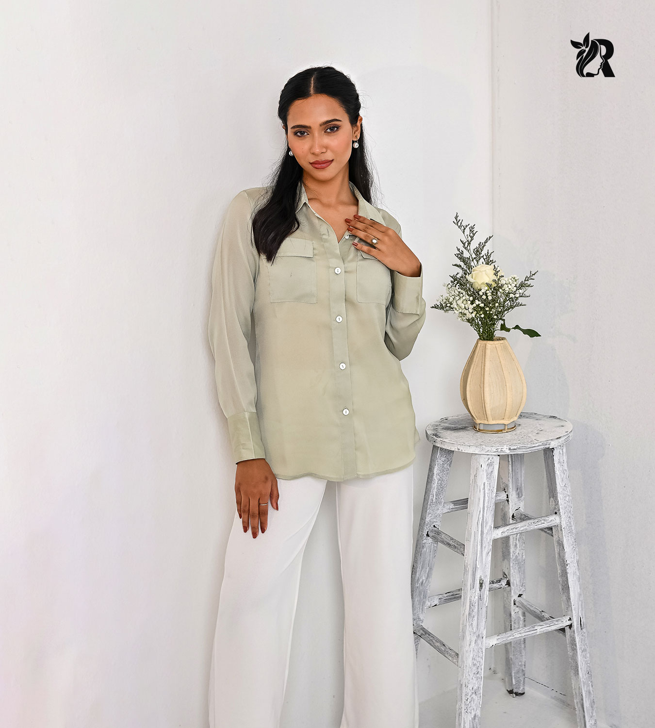 Solid Collared Button-Up Flap Pocket Blouse (4)