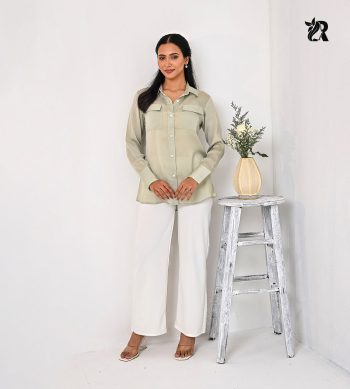 Solid Collared Button-Up Flap Pocket Blouse