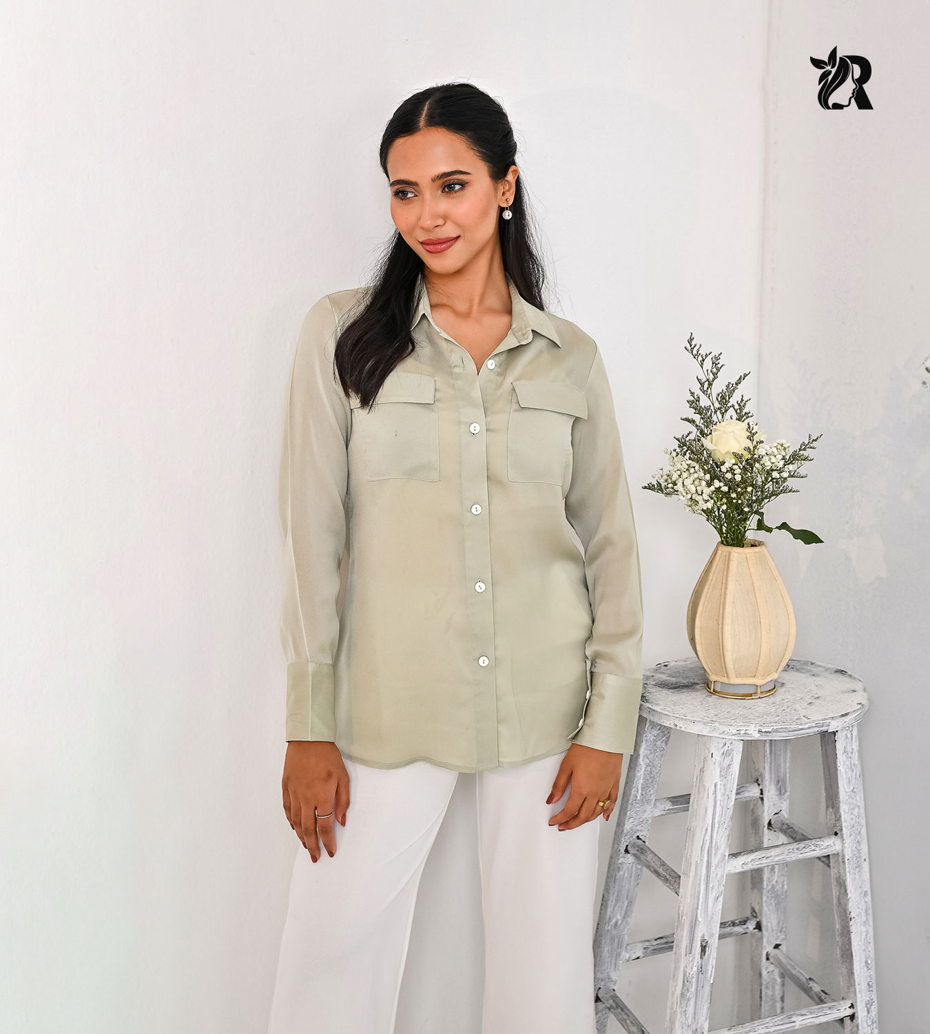 Solid Collared Button-Up Flap Pocket Blouse (6)