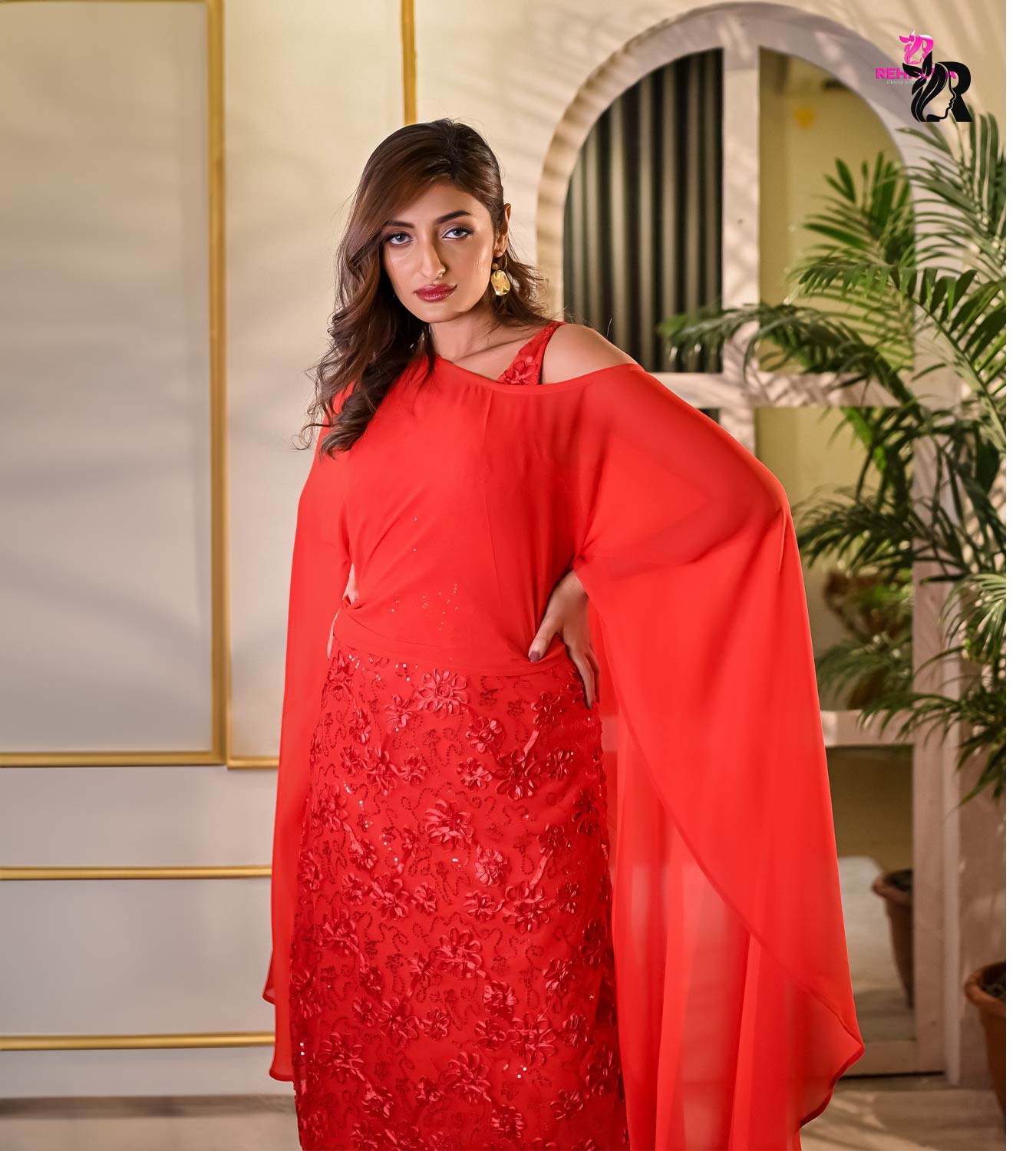 Red Color Party Wear Style with Cape (1)
