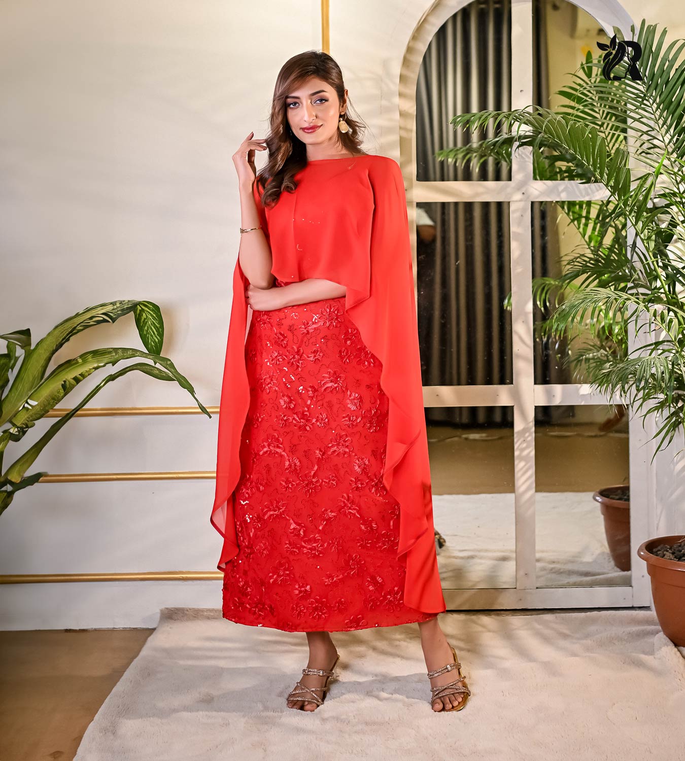 Red Color Party Wear Style with Cape (2)