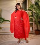 Red Color Party Wear Style with Cape (2)