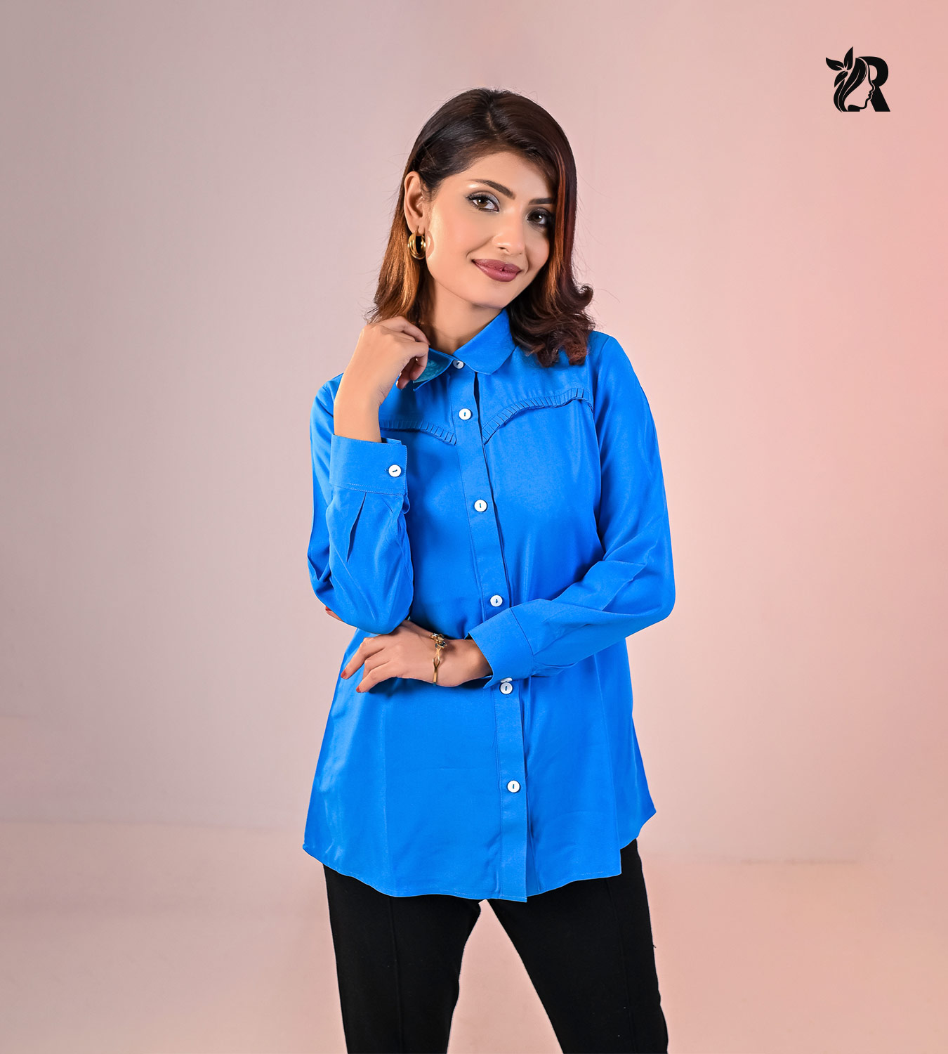 Turquoise Long Sleeve Gathered Shirt (2)