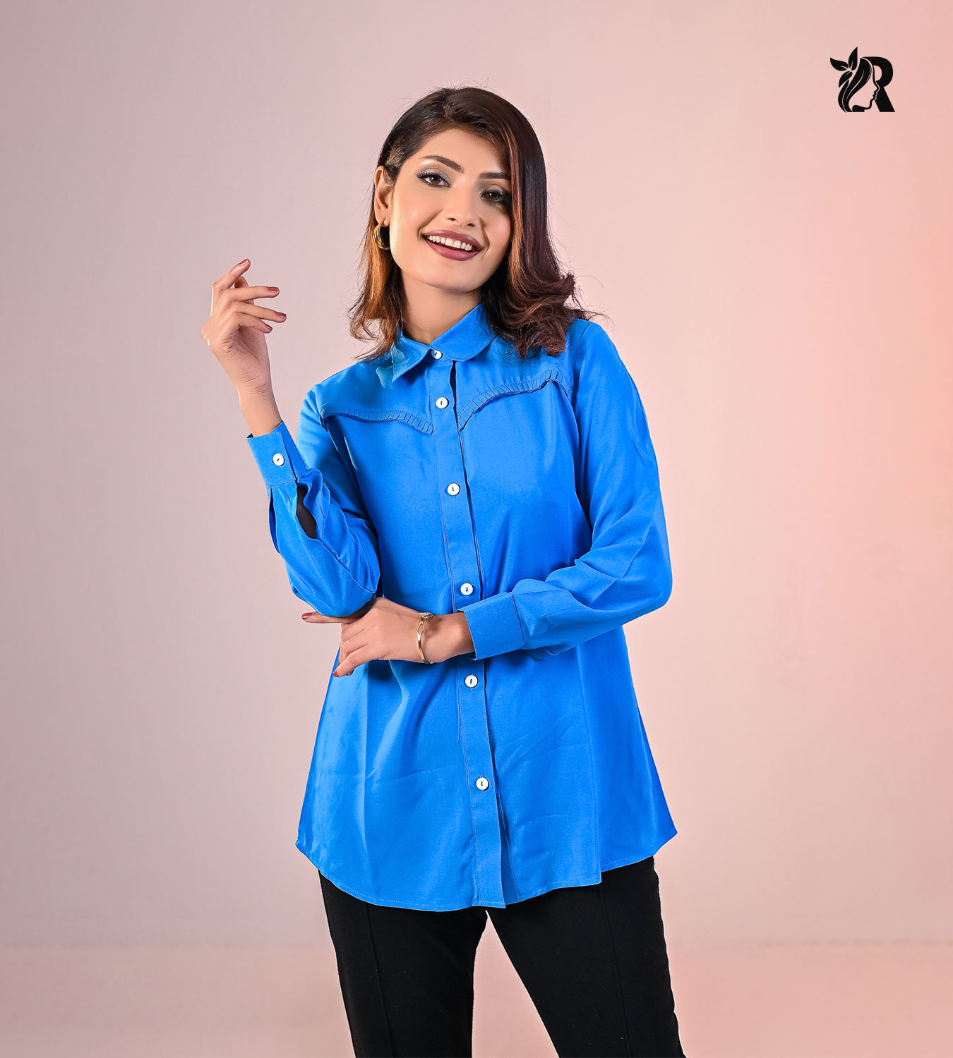 Turquoise Long Sleeve Gathered Shirt (6)